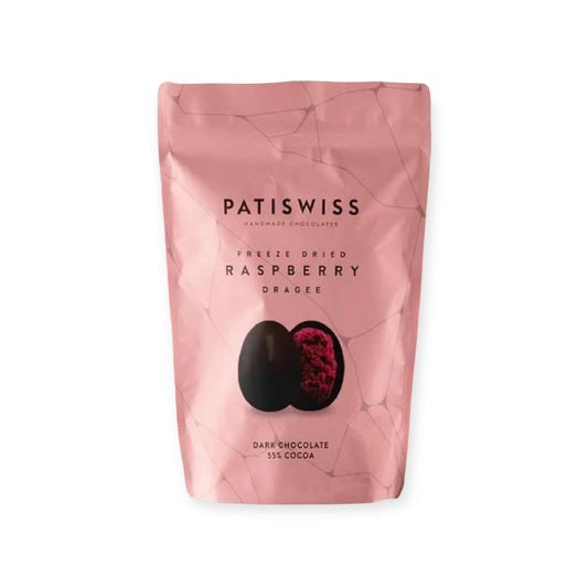 Patiswiss Freeze Dried Raspberry Dragee Dark Chocolate 55% Cocoa 80g | Ansably